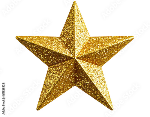 3D Glittering Gold Tree Topper Star with Textured Surface and Light Sparkles, Angled View, Transparent PNG