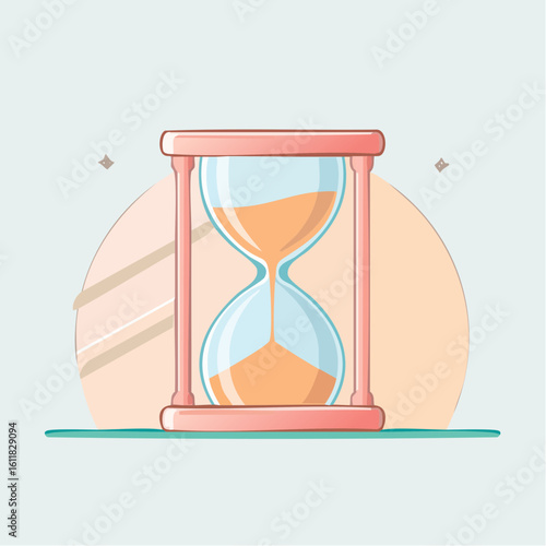 Stylized cartoon hourglass with a pastel pink frame blue glass and flowing orange sand.