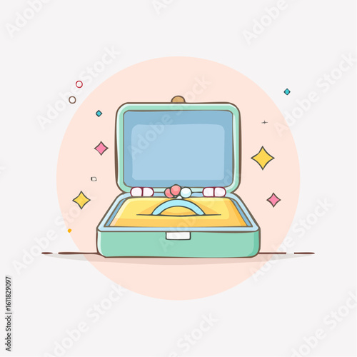 Charming pastel-colored jewelry case with a blue ring illustrated in a cute sparkling style.