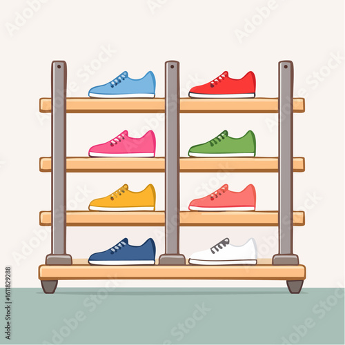 Wooden shoe rack with a vibrant collection of colorful sneakers illustrated in a simple clean cartoon style.