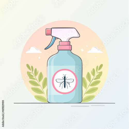 Stylized mosquito repellent spray bottle with a pest icon pink nozzle and decorative green leaves.