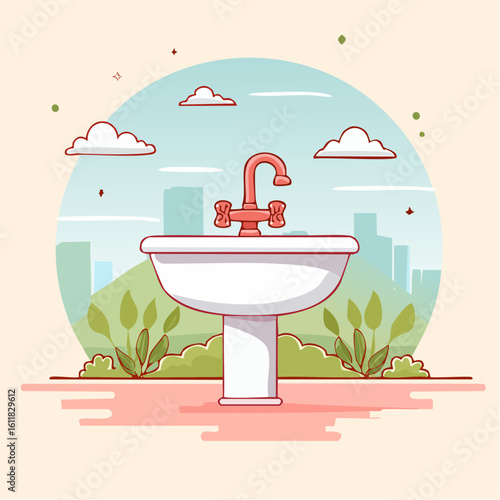 Illustrated white ceramic pedestal sink with a vintage-style red faucet and cross-head handles.