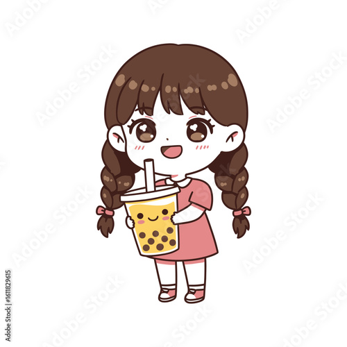 Cute girl with pigtails happily holding a large boba tea cup