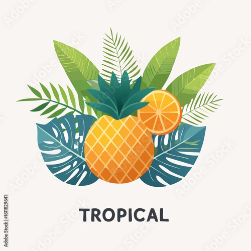 Vibrant Tropical Composition: A Creative Arrangement of Pineapple, Orange, and Lush Foliage