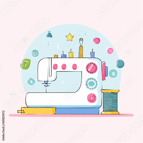 Whimsical hand-drawn sewing machine illustration with colorful spools buttons and pink dials.