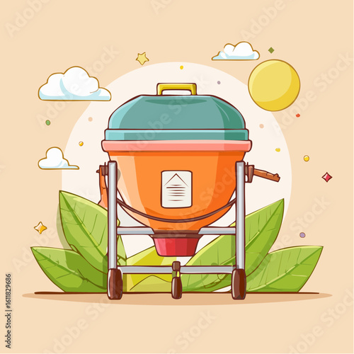 A colorful cartoon illustration of a fertilizer spreader with an orange hopper and teal lid on a wheeled stand.
