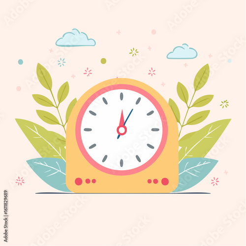 Stylized yellow alarm clock with a pink bezel and minimalist white face surrounded by leaves.