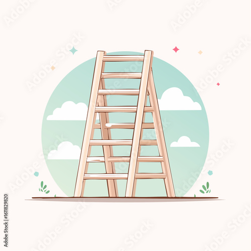 Illustrated wooden A-frame stepladder with a simple clean design and light brown finish.