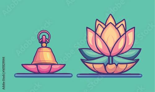 Vibrant lotus flower and ornate bell evoke spiritual harmony and peaceful contemplation