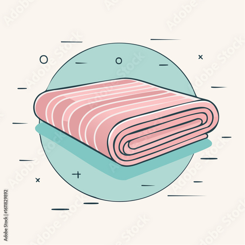 Neatly folded bath towel with a pink and white striped pattern in a clean outlined illustration style.