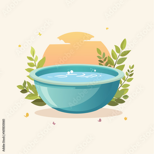 A white ceramic bowl with a blue rim filled with clear blue water and surrounded by fresh green leafy branches.