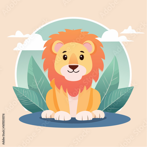 Friendly cartoon lion cub with a fluffy white mane sitting patiently in a frontal pose.