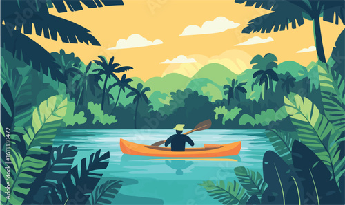 Vibrant tropical adventure exploring serene river in lush jungle paradise at sunset