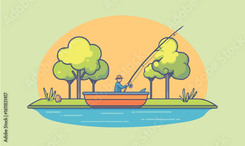Peaceful angler casts line from boat amidst serene nature scene with vibrant trees