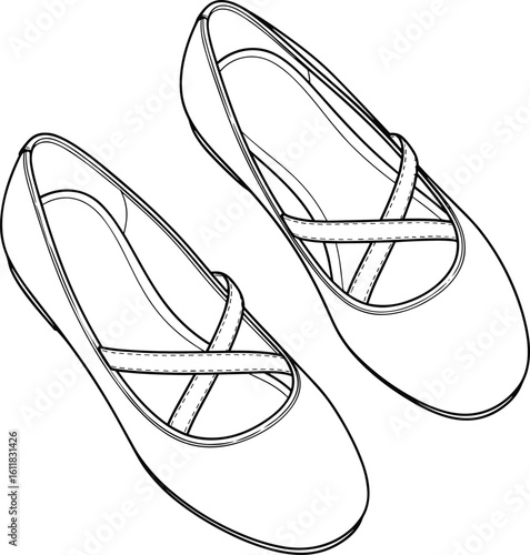 Ballet flat shoes technical sketch, footwear cad design, simple elegant fashion vector drawing, comfortable women’s slip-on flat shoes