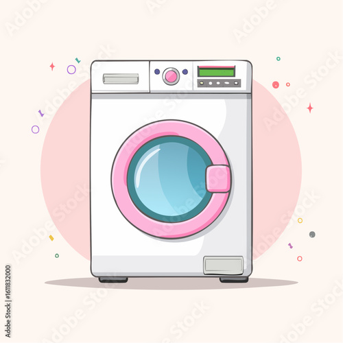 A cute cartoon illustration of a modern white washing machine with a pink door and control panel.