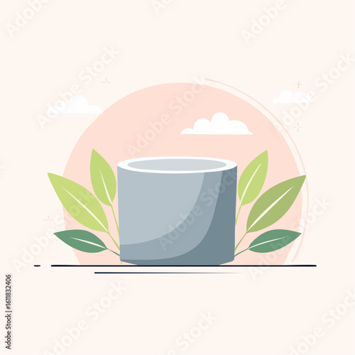 Minimalist flat illustration of an empty gray cylindrical plant pot with green leaves.