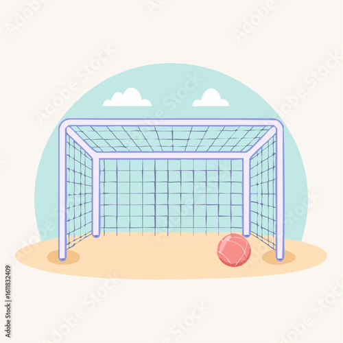 Pastel illustration of a light purple soccer goal with a blue net and a pink ball ready for a match.