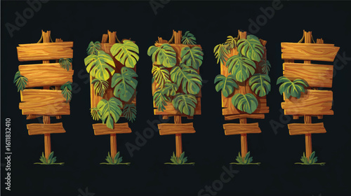 Tropical Wooden Signposts with Lush Green Monstera Leaves Jungle Theme Advertising Message Boards and Tropical Foliage
