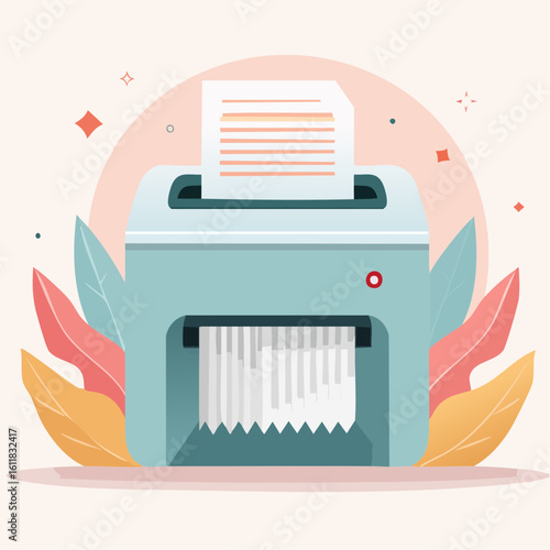 Teal office paper shredder in action destroying a document into thin strips of paper.