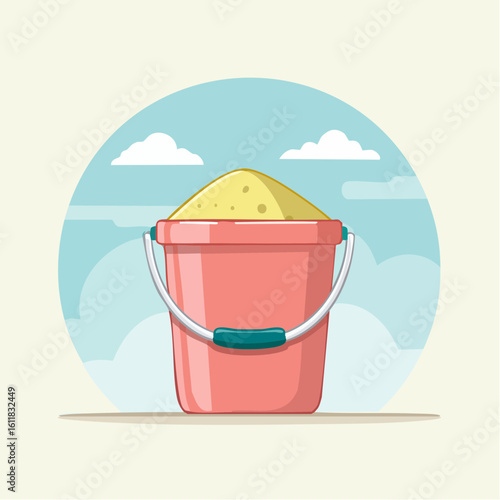 Illustrated red toy bucket with a teal grip handle overflowing with speckled yellow sand.