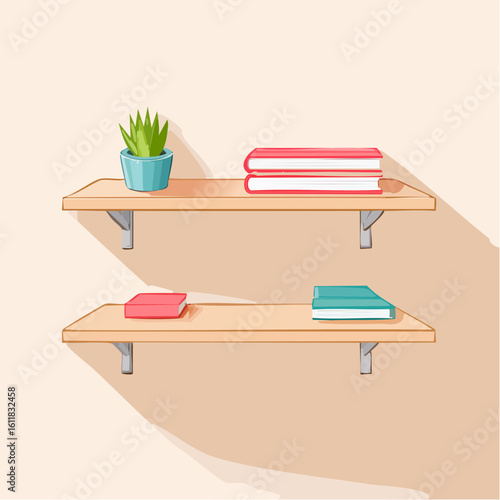 Two light wood wall shelves holding colorful books and a small potted succulent in a clean illustrated style.