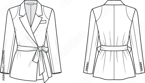 Belted blazer technical fashion sketch, women’s tailored jacket front and back flat vector, elegant coat CAD drawing illustration