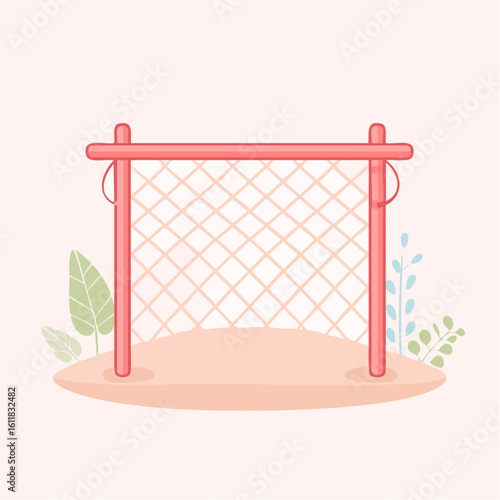 A stylized red soccer goal with a diamond-patterned net illustrated in a simple flat design.