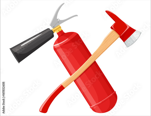 Crossed firefighter axe and fire extinguisher isolated on white background. Realistic 3d vector illustration