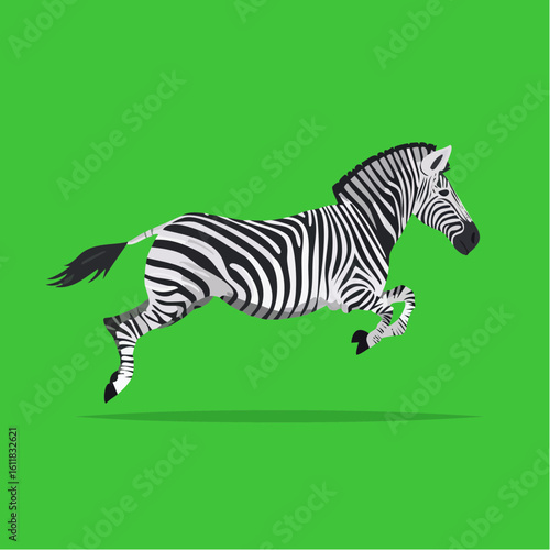 Cartoon zebra galloping against a green background, showcasing its distinctive stripes, elegant