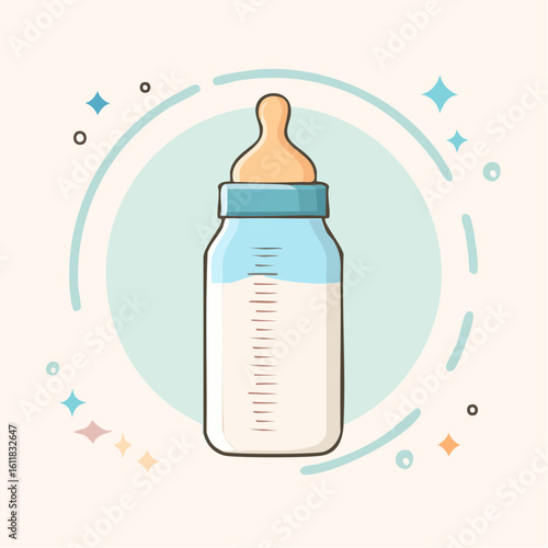 Illustrated baby feeding bottle with milk a blue cap and measurement markings.