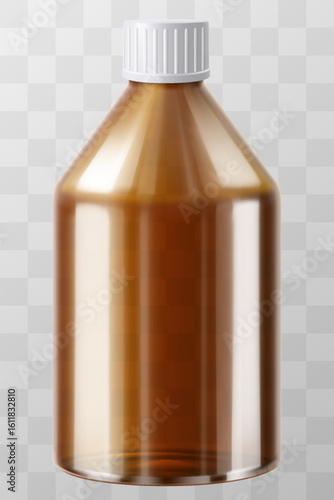 Brown Medical Bottle. Amber Glass Vial. Syrup Jar Pharmaceutical Container Blank Illustration for Liquid Vitamin or medicament. Essential Packaging Template with Screw Cap for Antiseptic. Realistic 3d