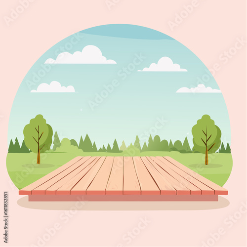 Empty wooden deck stage in a serene park landscape illustration with green trees and a calm cloudy sky.
