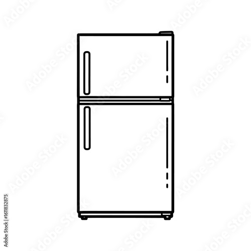 Simple line art illustration of a modern refrigerator with two separate doors, showing its outline.