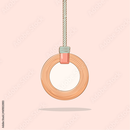 Single wooden gymnastic ring hanging from a textured strap in a soft pastel illustration.