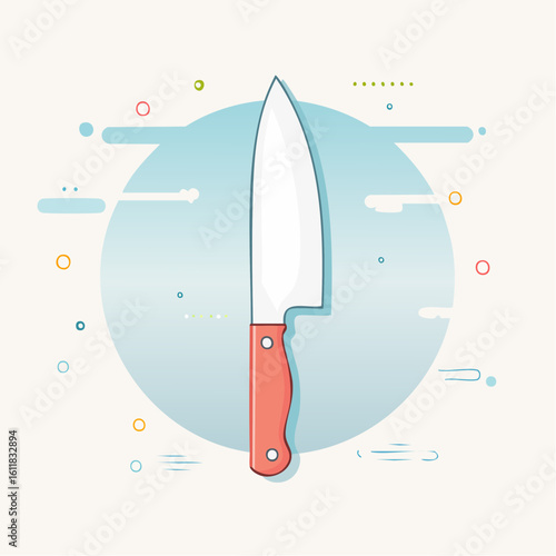 Minimalist illustration of a chefs knife with a sharp blade and a riveted coral handle.
