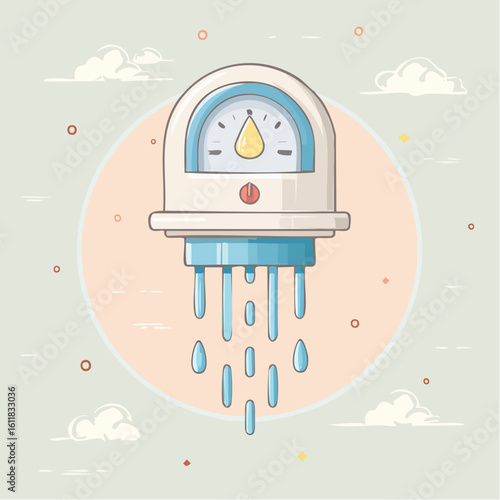 Stylized cartoon water heater with a gauge power button and dripping blue water droplets.