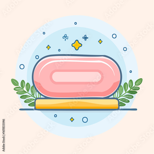 Cute cartoon pink soap bar on a yellow dish with green leaves and sparkles.
