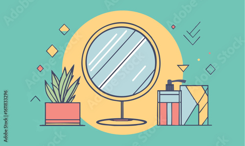 Chic vanity setup with potted plant, mirror, and skincare essentials in a modern, vibrant aesthetic