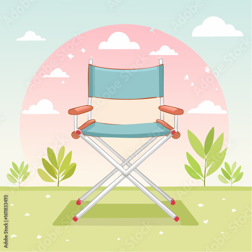 Simple illustration of a portable directors chair with a blue and beige fabric seat and a silver metal frame.