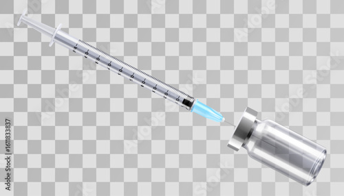 Bottle for injection and Syringe. Coronavirus Vaccine, Botox, Filler, Hyaluronic Acid. Drug Ampoule Design Template. Medical glass vial. Realistic 3d vector illustration on transparent background