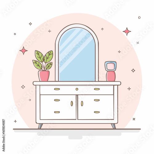 Charming white vanity dresser with an arched mirror a green houseplant and a powder compact in a cute cartoon style.