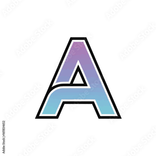 Stylish uppercase letter A with modern purple to blue gradient fill and black outline on a clean white background, graphic design element.