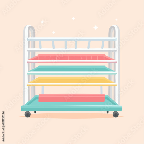 A white multi-tier rolling utility cart with colorful red yellow and teal storage trays.