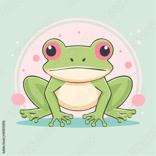 Cute cartoon green frog with large pink eyes sitting in a frontal view A stylized amphibian character with a neutral expression.