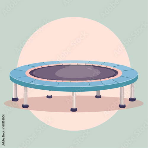 Illustrated round trampoline with a blue padded frame and dark jumping mat.