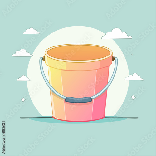 Illustrated white pink and yellow bucket with a gold rim and blue handle.