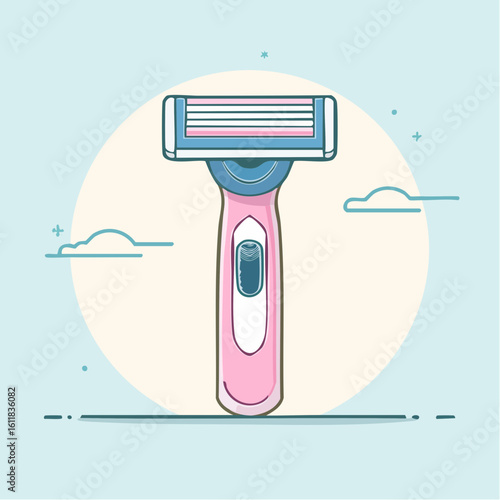 Pink womens razor with a blue multi-blade head and ergonomic handle flat vector illustration.