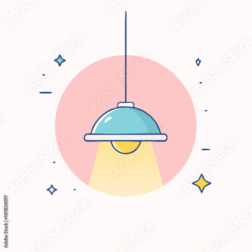 Cute cartoon pendant lamp with a blue dome shade shining a warm yellow light downwards.