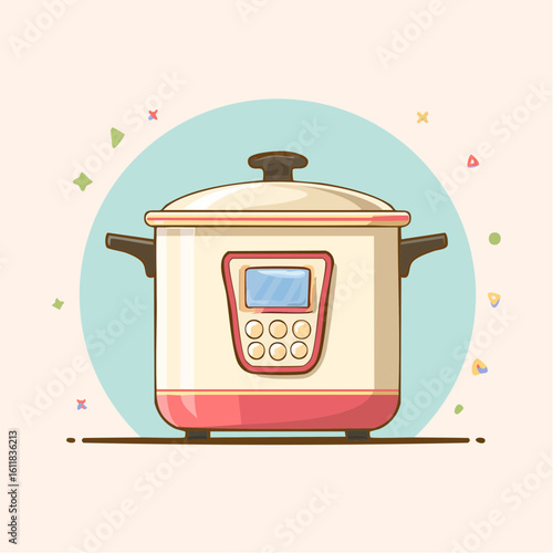 A cute cartoon illustration of a modern electric multi-cooker with a digital display and red accents.